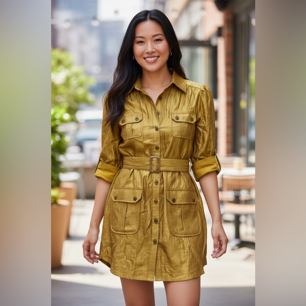 Bebe Gold Belted Shirt Dress Size XXS